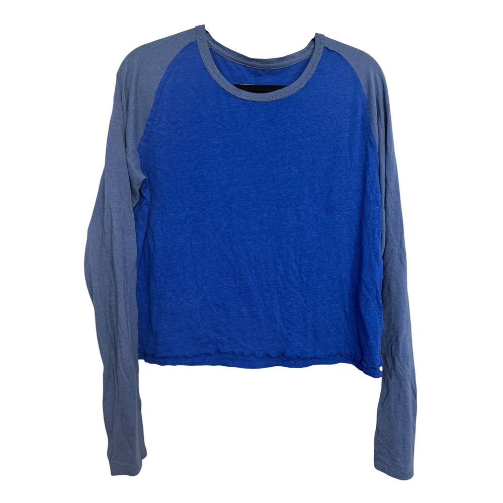 We The Free Free People Blue Gray Raglan Baseball Tee Lettuce Hem Large